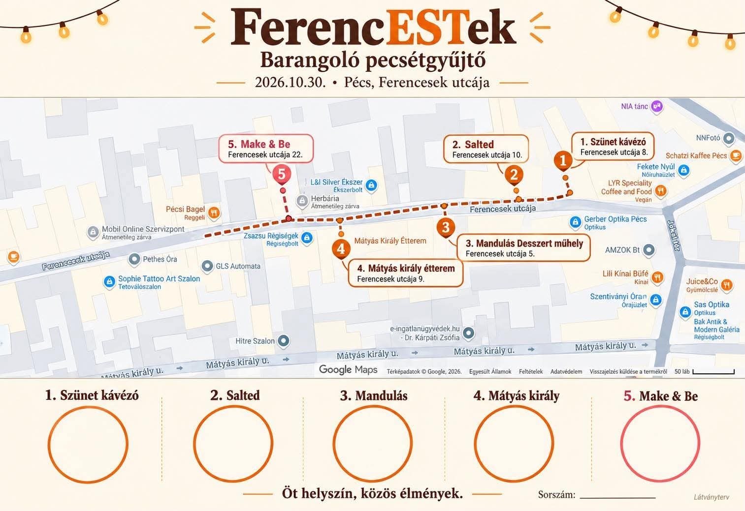 A FerencEstek barangoló pecsétgyűjtő kártyája: térkép az öt résztvevő hellyel a Ferencesek utcájában és öt pecsételő kör