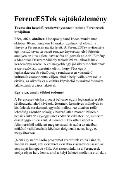 A sajtóközlemény első oldala